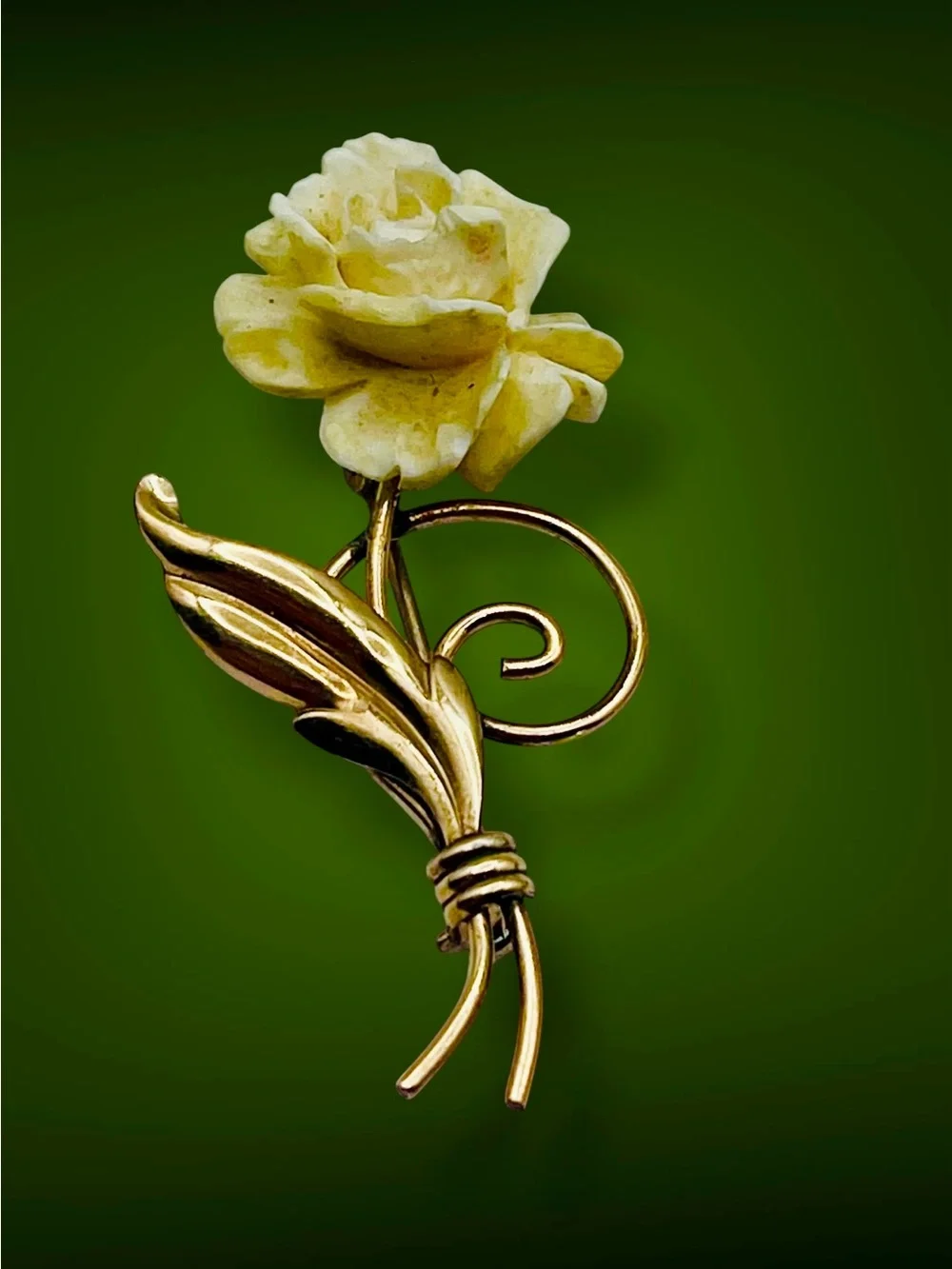 Vintage 12K GF Carved Celluloid White Rose Flower Brooch Pin Mid Centur